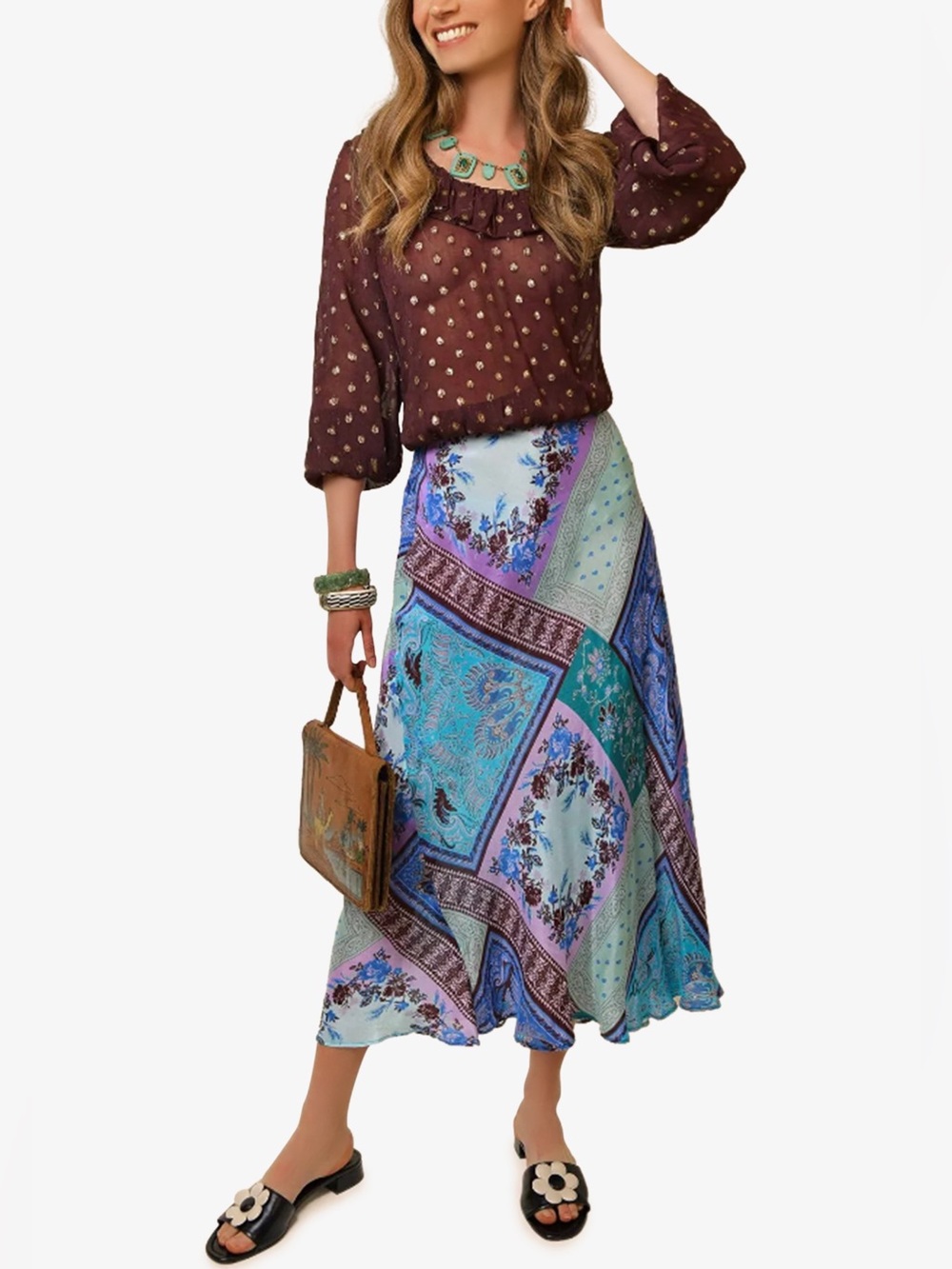 Suzy Shier Patchwork Floral Midi Skirt in Teal, Maroon & Lavender